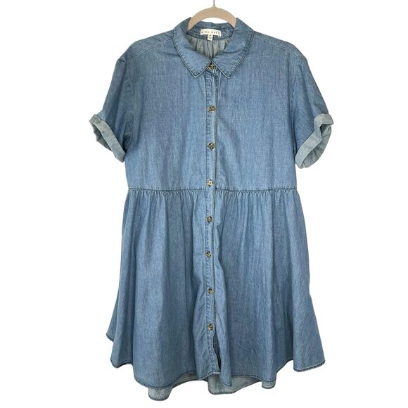 easel Dresses & Skirts - Miou Muse Light Denim Babydoll Dress Cuff Sleeve Tiered Back Button Front Large
